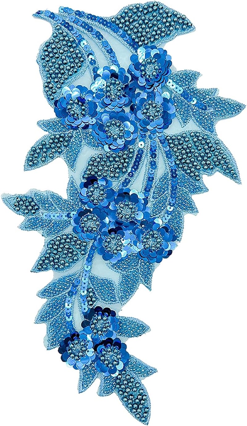 SAIXCCS 1pc Large Flower Rhinestone Applique Blue, Embroidery Sequin Patches for Clothes,Beaded Lace Applique for Wedding Bridal Dress Bodice Hat Sewing Craft for Girl Embellishment(Blue) - Image 1
